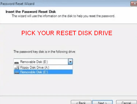 select password reset disk location